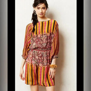 Anthropologie Striped Paisley Mixed-Print Mini Dress in Mustard, Pink & Red